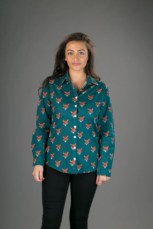 Green Fox Print Cotton Slim Fit Womens Shirt Long Sleeve-- Sequined Glittery Shiny