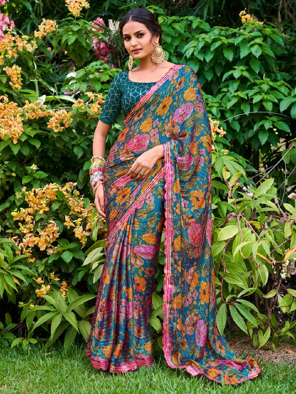Women's Chiffon Teal blue Embellished Designer Saree With Blouse Piece Elegant Peplum Blouse Women's Chiffon Teal blue Embellished Designer Saree With Blouse Piece Elegant Peplum Blouse