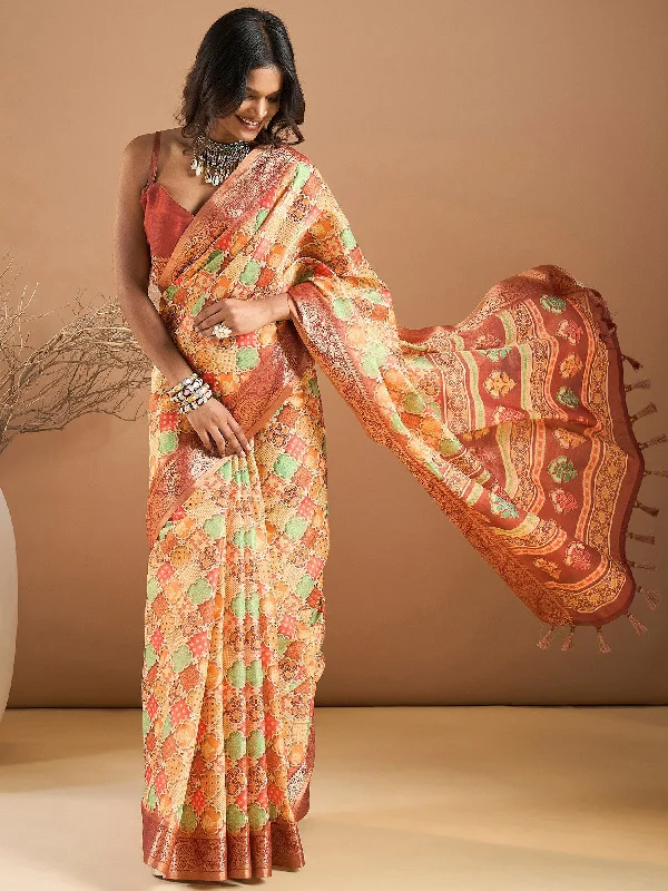 Women's Kanjeevaram Silk Beige Printed Designer Saree With Blouse Piece Double Button Blouse Women's Kanjeevaram Silk Beige Printed Designer Saree With Blouse Piece Double Button Blouse