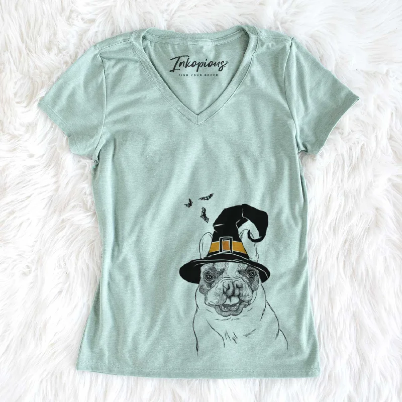 Witch Lentil the French Bulldog - Women's V-neck Shirt-- Rayon Fabric Velvet Fabric Corduroy Fabric