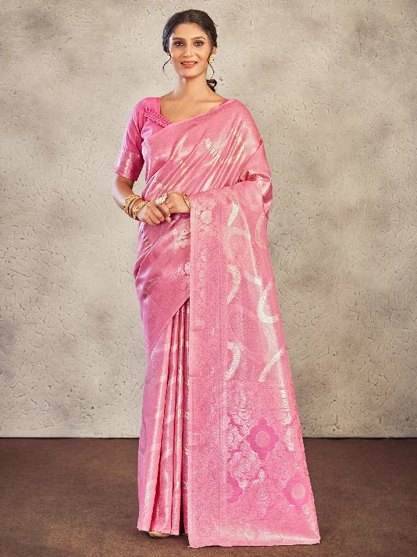 Women's Cotton Pink Woven Design Designer Saree With Blouse Piece Playful Puff Blouse Women's Cotton Pink Woven Design Designer Saree With Blouse Piece Playful Puff Blouse