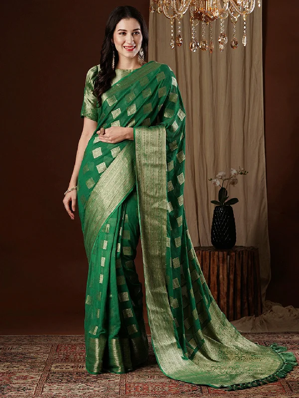 Women's Georgette Green Woven Design Designer Saree With Blouse Piece Short Sleeve Blouse Women's Georgette Green Woven Design Designer Saree With Blouse Piece Short Sleeve Blouse