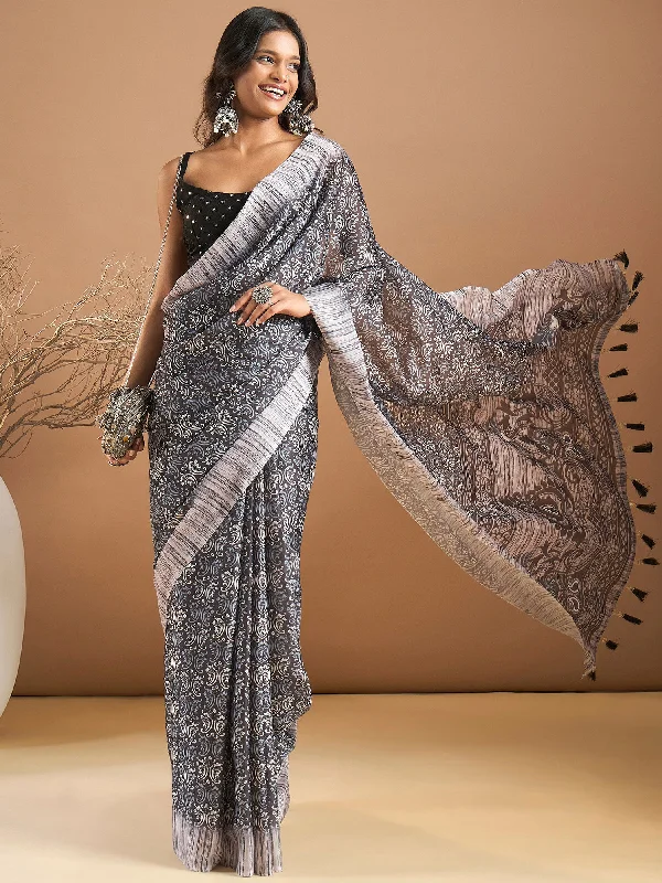 Women's Georgette Black Printed Designer Saree With Blouse Piece Peter Pan Collar Blouse Women's Georgette Black Printed Designer Saree With Blouse Piece Peter Pan Collar Blouse