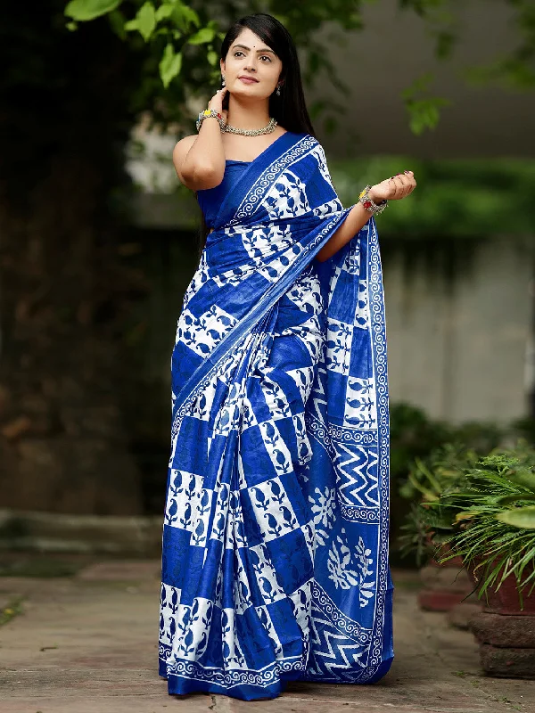 Women's Cotton Blue Printed Designer Saree With Blouse Piece Mandarin Collar Blouse