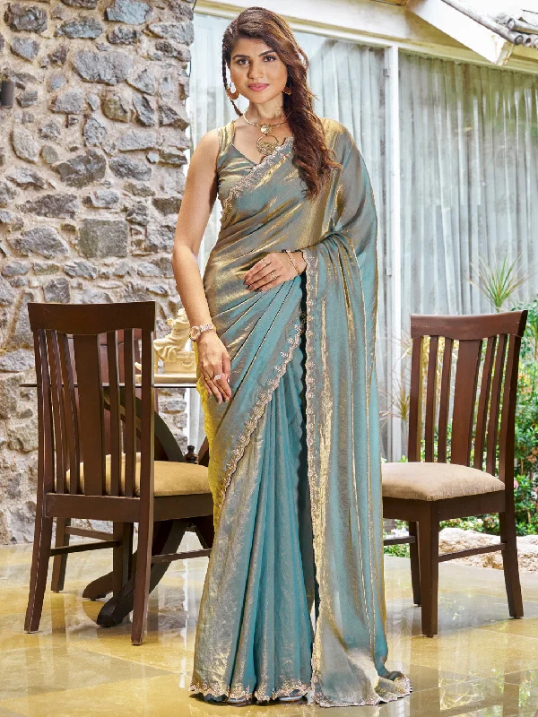 Women's Pure Chiffon Teal blue Embellished Designer Saree With Blouse Piece Satin Bow Blouse Women's Pure Chiffon Teal blue Embellished Designer Saree With Blouse Piece Satin Bow Blouse
