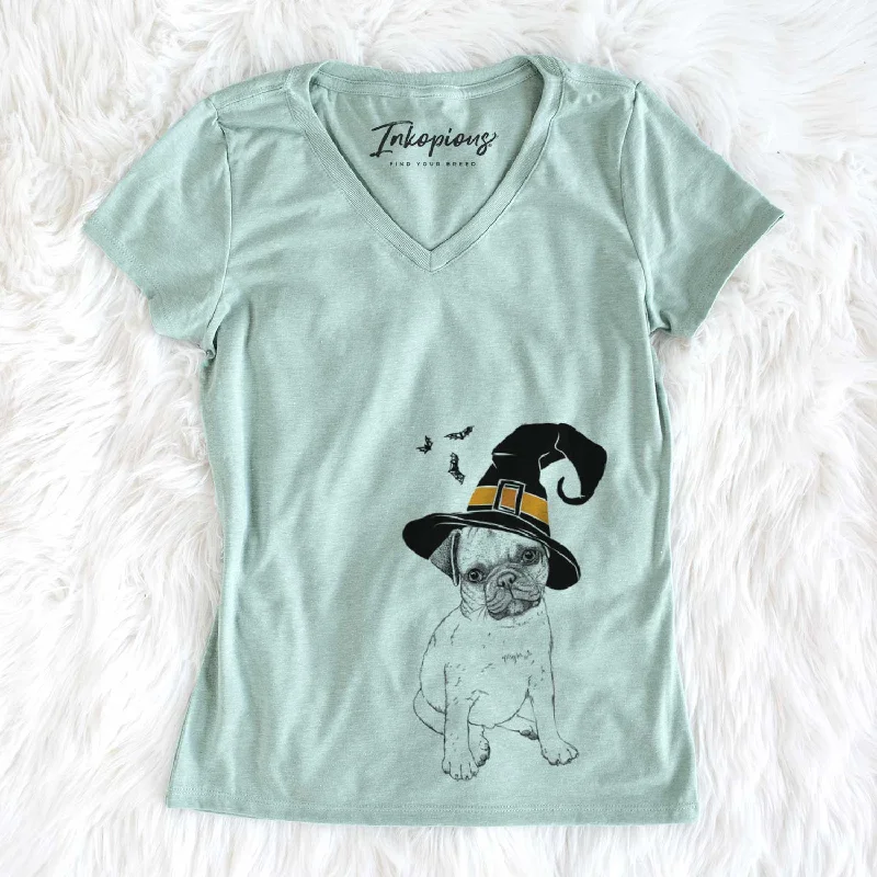 Witch Nelson the Pug Puppy - Women's V-neck Shirt-- Graphic T-Shirt Round Neck Polyester Witch Nelson the Pug Puppy - Women's V-neck Shirt-- Graphic T-Shirt Round Neck Polyester