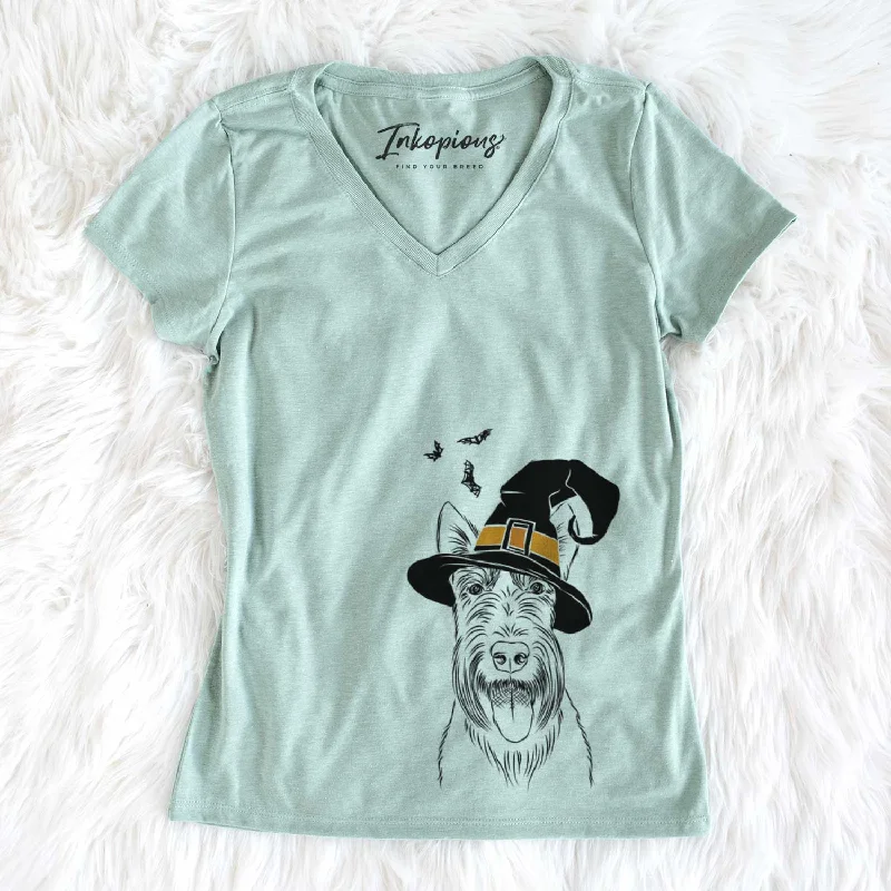 Witch Oswald the Scottish Terrier - Women's V-neck Shirt-- Terry Blend Velvet Blend Canvas Blend Witch Oswald the Scottish Terrier - Women's V-neck Shirt-- Terry Blend Velvet Blend Canvas Blend
