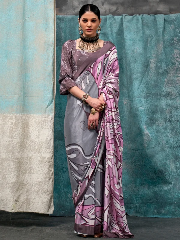 Women's Crepe Grey Printed Designer Saree With Blouse Piece Elegant Lace Blouse
