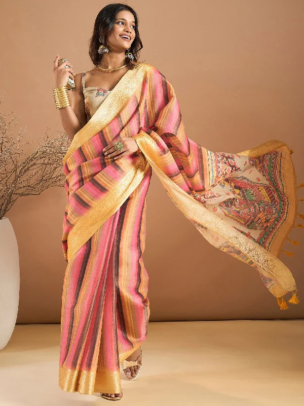 Women's Kanjeevaram Silk Pink Printed Designer Saree With Blouse Piece Ruched Sleeve Blouse Women's Kanjeevaram Silk Pink Printed Designer Saree With Blouse Piece Ruched Sleeve Blouse