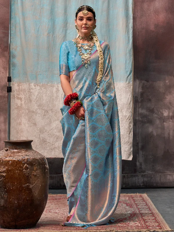 Women's Silk Blend Light Blue Woven Design Designer Saree With Blouse Piece Soft Satin Blouse Women's Silk Blend Light Blue Woven Design Designer Saree With Blouse Piece Soft Satin Blouse