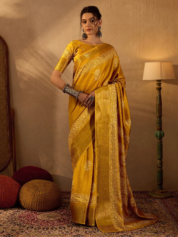 Women's Silk Blend Mustard Printed Designer Saree With Blouse Piece Puff Sleeve Blouse Women's Silk Blend Mustard Printed Designer Saree With Blouse Piece Puff Sleeve Blouse