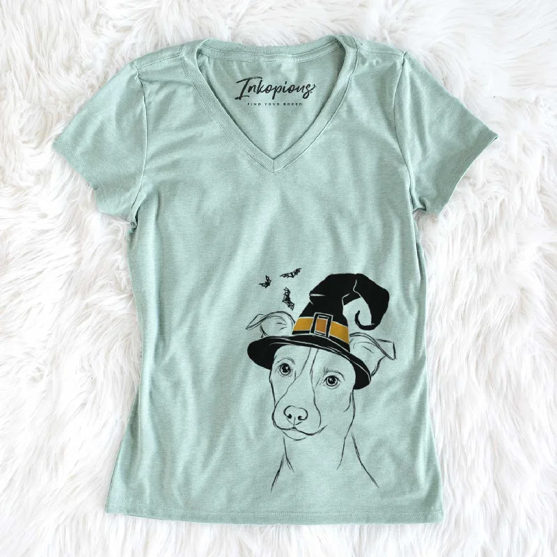 Witch Max the Jack Russell Terrier - Women's V-neck Shirt-- Mesh Fabric Canvas Fabric Denim Fabric Witch Max the Jack Russell Terrier - Women's V-neck Shirt-- Mesh Fabric Canvas Fabric Denim Fabric