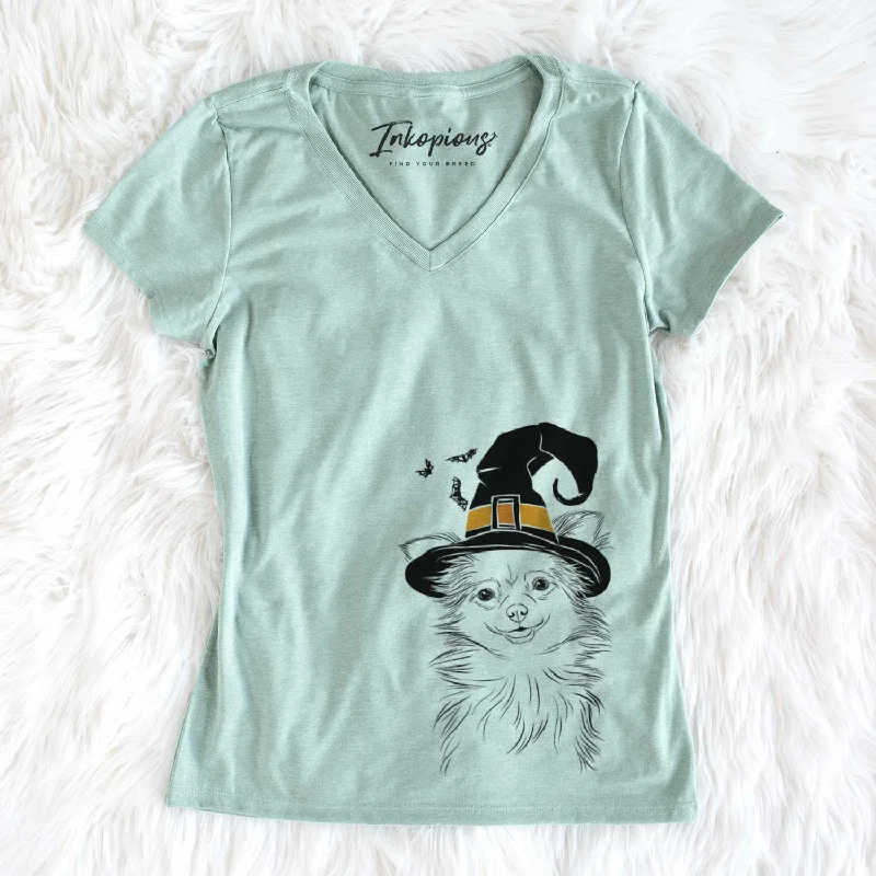 Witch Marzi the Long Haired Chihuahua - Women's V-neck Shirt-- Satin Blend Silk Blend Wool Blend Witch Marzi the Long Haired Chihuahua - Women's V-neck Shirt-- Satin Blend Silk Blend Wool Blend