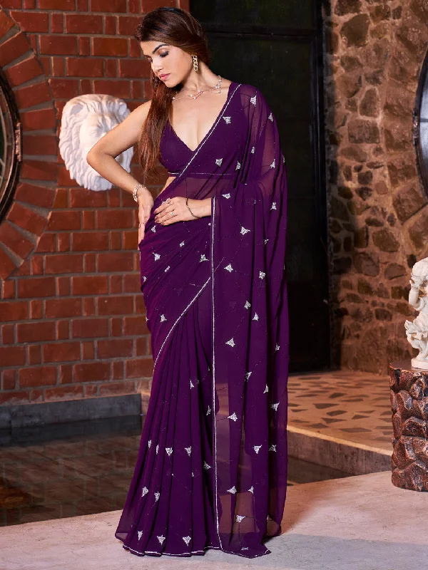 Women's Pure Georgette Purple Embellished Designer Saree With Blouse Piece Lightweight Tunic Blouse Women's Pure Georgette Purple Embellished Designer Saree With Blouse Piece Lightweight Tunic Blouse