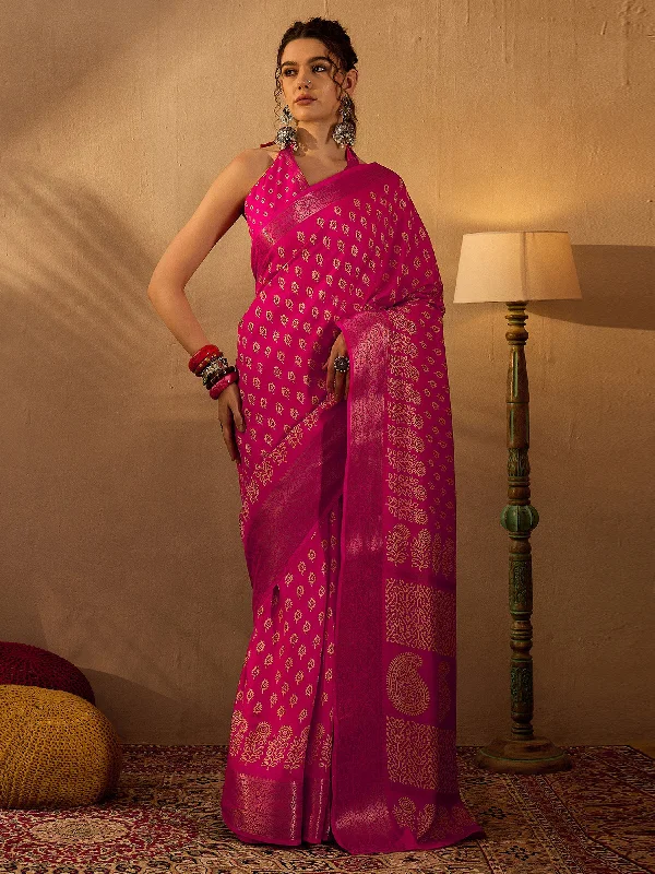 Women's Silk Blend Pink Printed Designer Saree With Blouse Piece Sheer Mesh Blouse