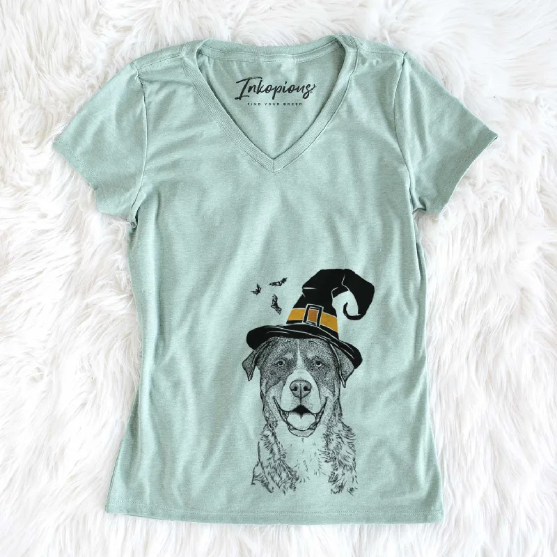 Witch Leon the Greater Swiss Mountain Dog - Women's V-neck Shirt-- Wool Fabric Cashmere Fabric Tweed Fabric