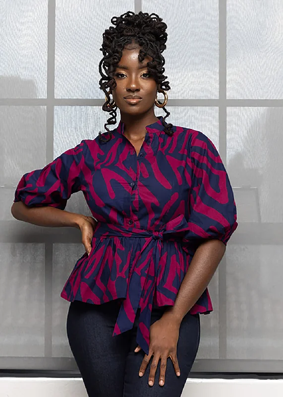 Aega Women's African Print Peplum Blouse (Berry Zebra Abstract) - Clearance Flowy Bohemian Blouse