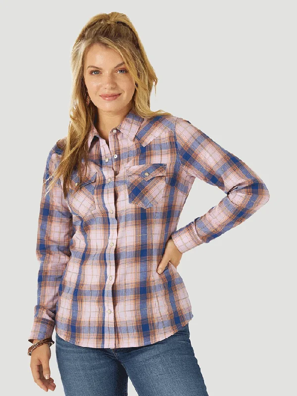 Wrangler 112317285 Womens Long Sleeve Retro Plaid Western Shirt Purple-- Houndstooth Herringbone Solid