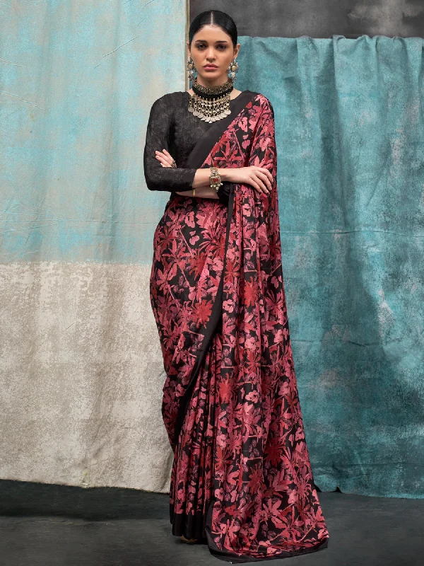 Women's Crepe Black Printed Designer Saree With Blouse Piece Chic Square Blouse
