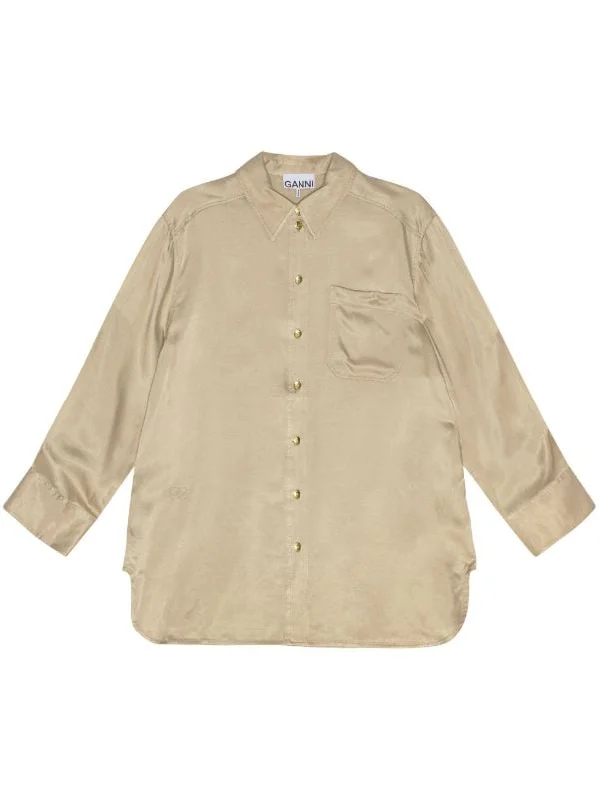 WASHED ECOVERO™ BLEND LONG-SLEEVE SATIN SHIRT-- Notch Collar Peter Pan Collar Cowl Neck