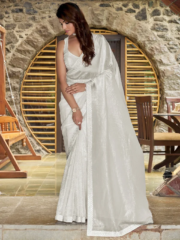 Women's Pure Silk Off White Embellished Designer Saree With Blouse Piece Gathered Detail Blouse Women's Pure Silk Off White Embellished Designer Saree With Blouse Piece Gathered Detail Blouse