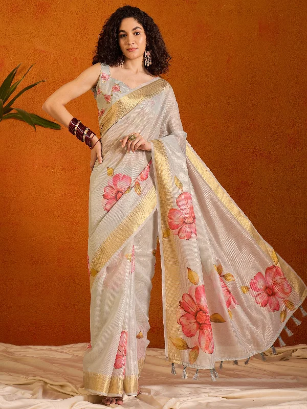 Women's Organza Light Blue Printed Designer Saree With Blouse Piece Loose Oversized Blouse Women's Organza Light Blue Printed Designer Saree With Blouse Piece Loose Oversized Blouse