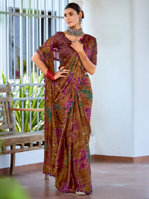 Women's Satin Silk Magenta Printed Designer Saree With Blouse Piece Feminine Puff Blouse Women's Satin Silk Magenta Printed Designer Saree With Blouse Piece Feminine Puff Blouse