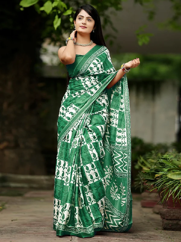 Women's Cotton Green Printed Designer Saree With Blouse Piece Elegant Embroidery Blouse Women's Cotton Green Printed Designer Saree With Blouse Piece Elegant Embroidery Blouse