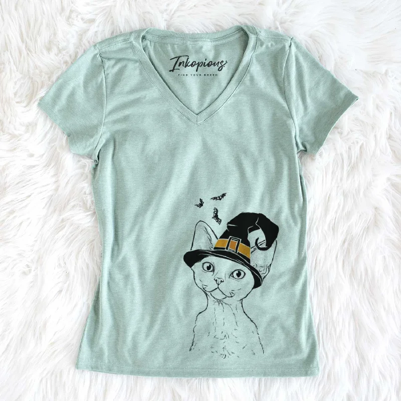 Witch Ripley the Devon Rex Cat - Women's V-neck Shirt-- Graphic Embroidered Appliqued Witch Ripley the Devon Rex Cat - Women's V-neck Shirt-- Graphic Embroidered Appliqued