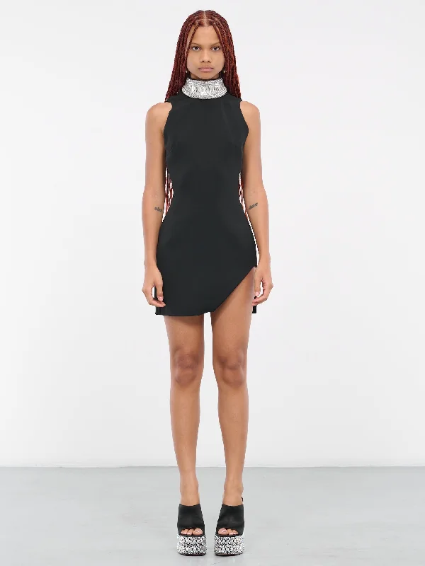 Crystal Mini Dress (DK43D-BLACK-SILVER) Fashionable Off-Shoulder Mini Dress