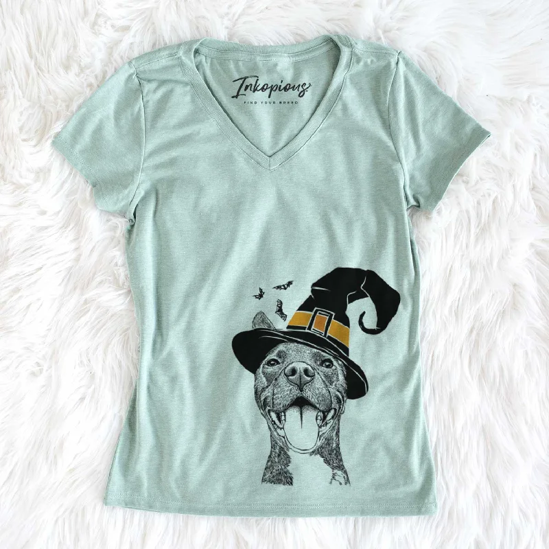 Witch Milo the Pitbull Mix - Women's V-neck Shirt-- Mesh Blend Leather Blend Suede Blend