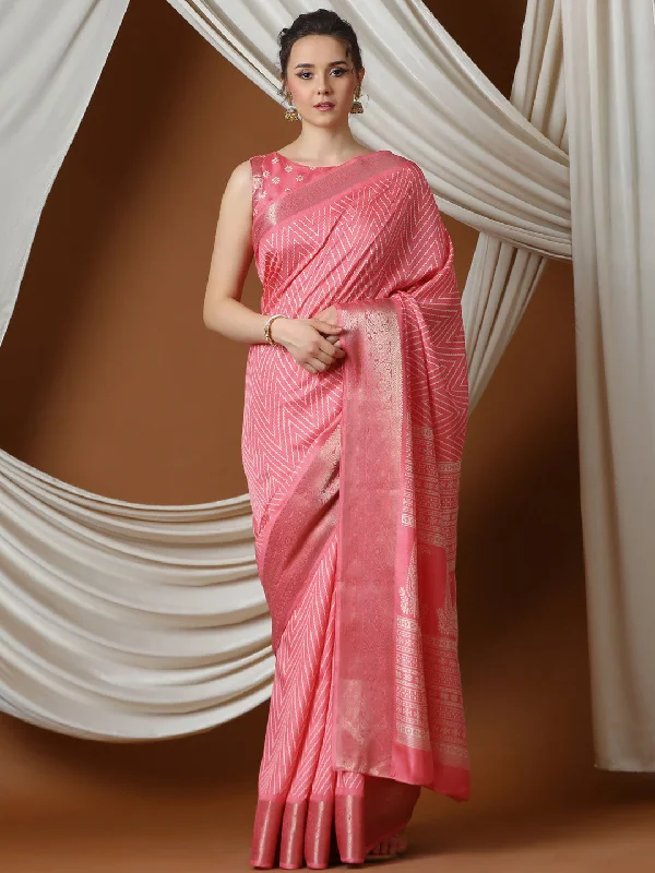Women's Silk Blend Pink Printed Designer Saree With Blouse Piece Chic Square Blouse