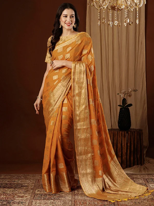 Women's Georgette Orange Woven Design Designer Saree With Blouse Piece Satin Drape Blouse Women's Georgette Orange Woven Design Designer Saree With Blouse Piece Satin Drape Blouse