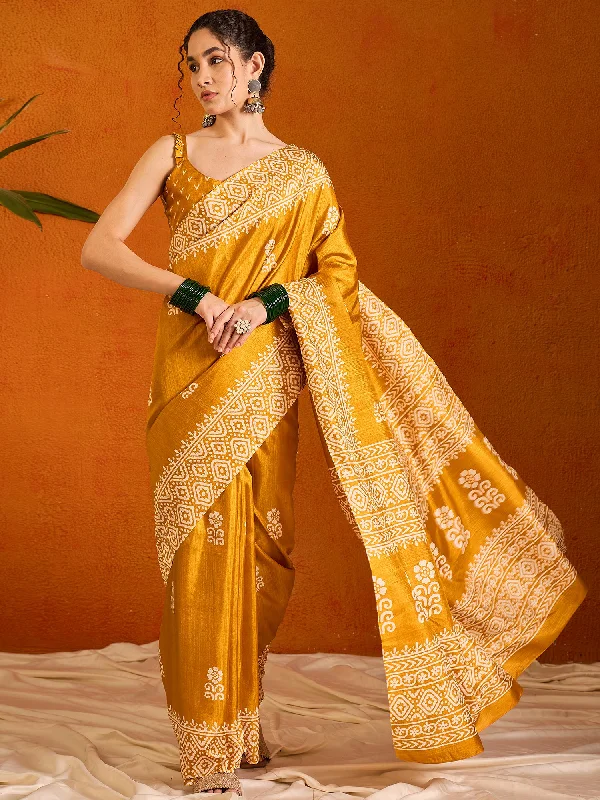 Women's Cotton Blend Yellow Printed Designer Saree With Blouse Piece Feminine Ruffle Blouse Women's Cotton Blend Yellow Printed Designer Saree With Blouse Piece Feminine Ruffle Blouse