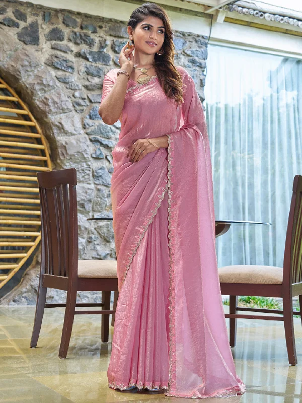 Women's Pure Chiffon Pink Embellished Designer Saree With Blouse Piece Classic Minimalist Blouse Women's Pure Chiffon Pink Embellished Designer Saree With Blouse Piece Classic Minimalist Blouse