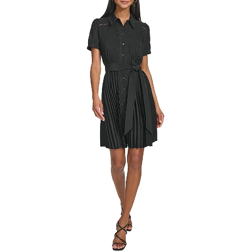 Womens Pleated Lace-Trim Mini Dress Cozy Jersey Mini Dress