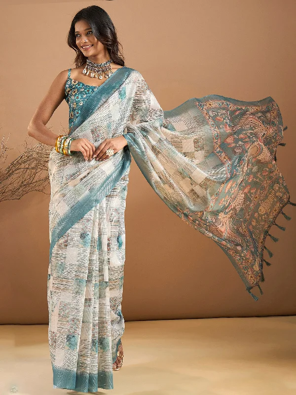 Women's Organza Light Blue Printed Designer Saree With Blouse Piece Embellished Collar Blouse Women's Organza Light Blue Printed Designer Saree With Blouse Piece Embellished Collar Blouse