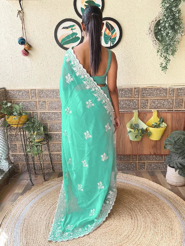 Women's Georgette Turquoise Embroidered Designer Saree With Blouse Piece Boho Chic Blouse Women's Georgette Turquoise Embroidered Designer Saree With Blouse Piece Boho Chic Blouse