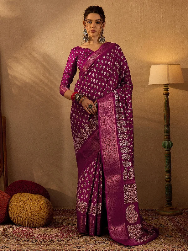 Women's Silk Blend Magenta Printed Designer Saree With Blouse Piece Slim Fit Blouse
