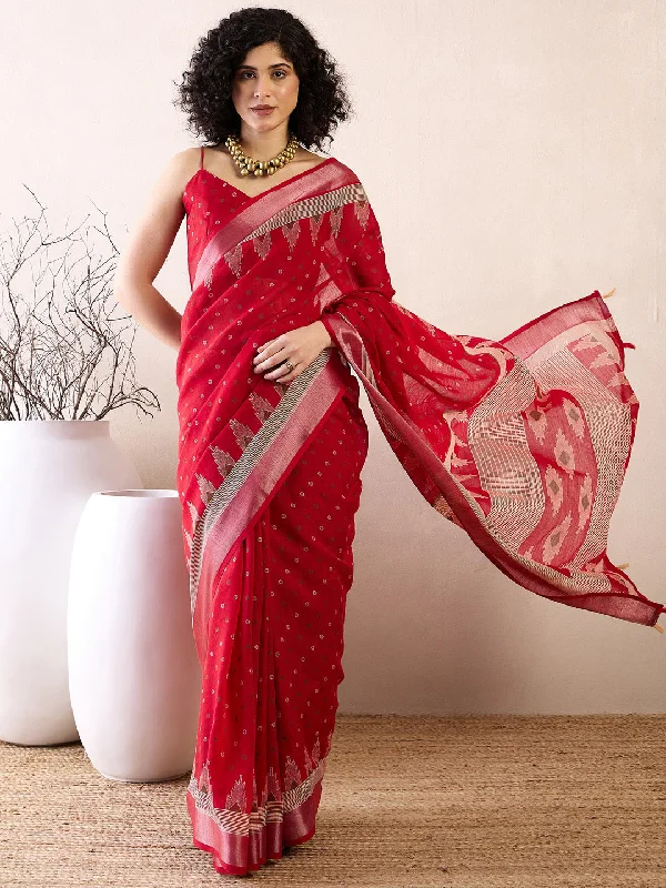 Women's Cotton Linen Red Printed Ready to Wear With Blouse Piece Boho Chic Blouse