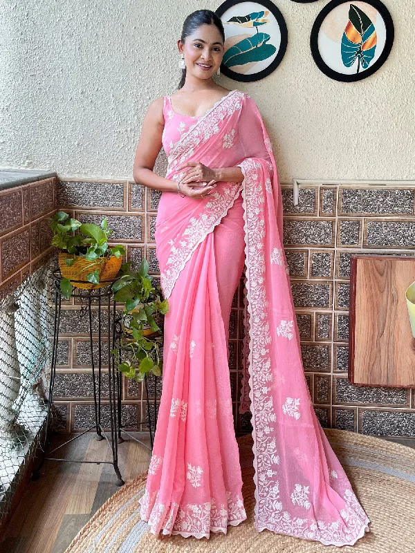 Women's Georgette Pink Embroidered Designer Saree With Blouse Piece Floral Chiffon Blouse Women's Georgette Pink Embroidered Designer Saree With Blouse Piece Floral Chiffon Blouse