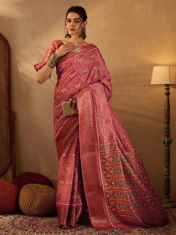 Women's Silk Blend Pink Printed Designer Saree With Blouse Piece Wrap Front Blouse