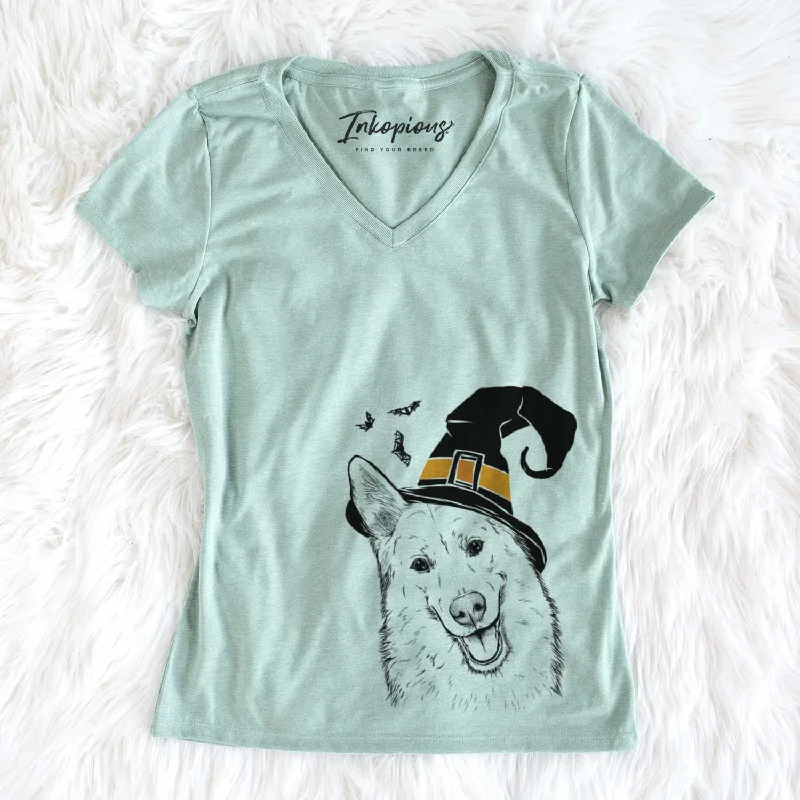 Witch Loki the Husky Shepherd Mix - Women's V-neck Shirt-- Fashionable Trendy Casual Witch Loki the Husky Shepherd Mix - Women's V-neck Shirt-- Fashionable Trendy Casual