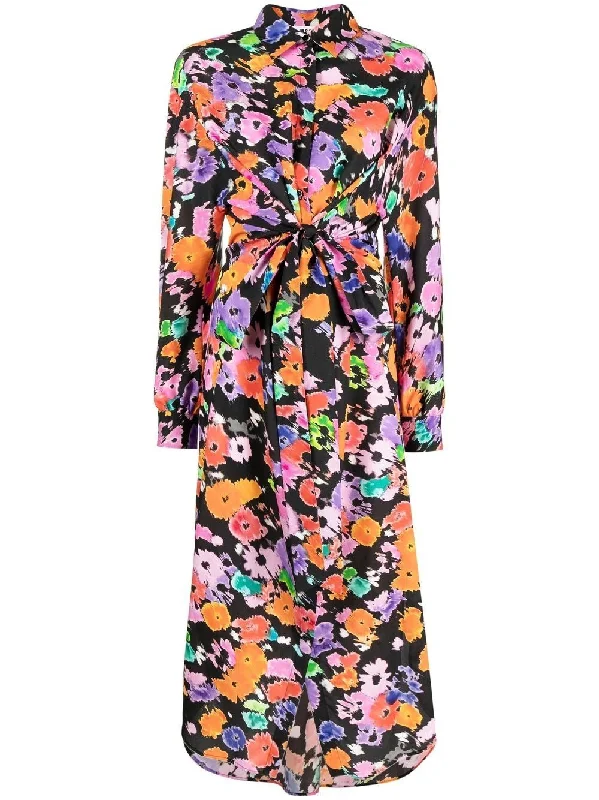 FLORAL-PRINT SHIRTDRESS-- Asymmetrical Pockets Print