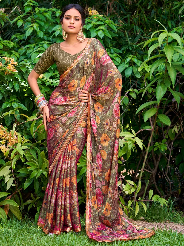 Women's Chiffon Olive Embellished Designer Saree With Blouse Piece Collared Satin Blouse Women's Chiffon Olive Embellished Designer Saree With Blouse Piece Collared Satin Blouse
