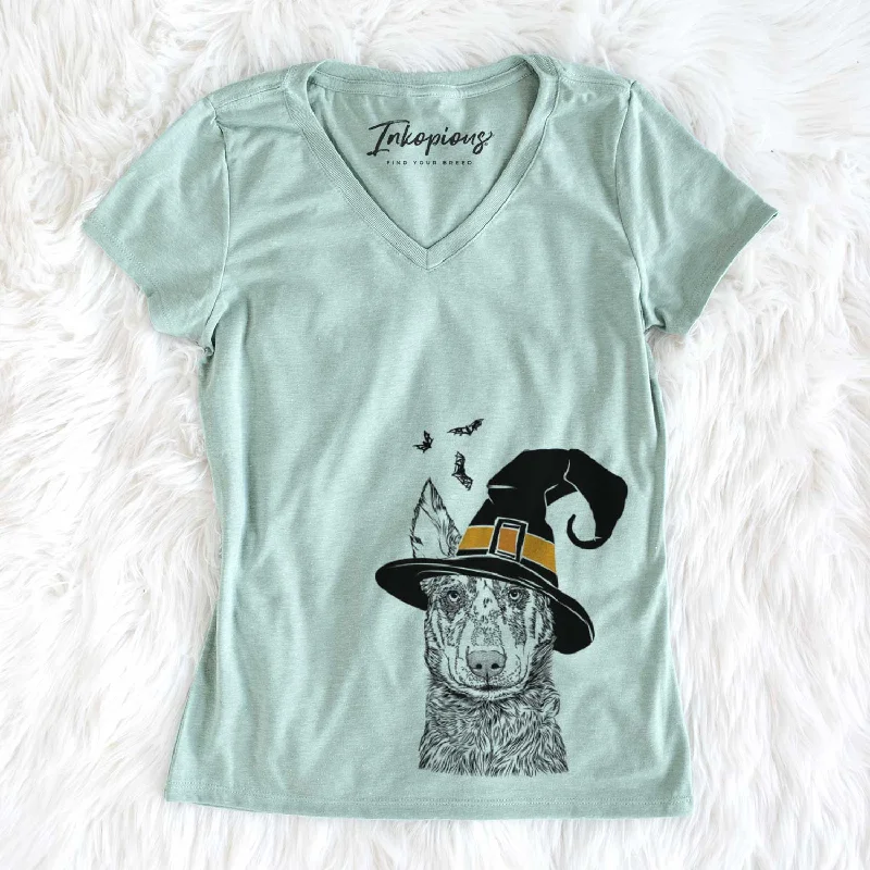 Witch Riggs the Beauceron - Women's V-neck Shirt-- Spandex Blend Rayon Blend Denim Blend Witch Riggs the Beauceron - Women's V-neck Shirt-- Spandex Blend Rayon Blend Denim Blend