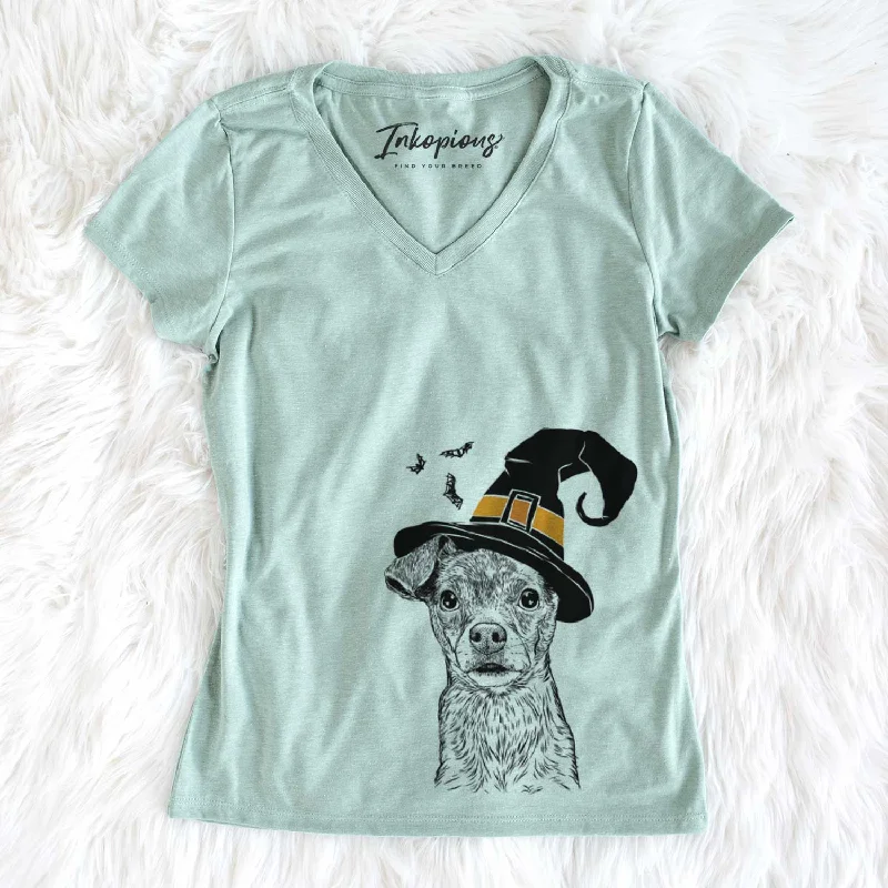 Witch Olive the Mixed Breed - Women's V-neck Shirt-- Fleece Fabric Down Fabric Feather Fabric Witch Olive the Mixed Breed - Women's V-neck Shirt-- Fleece Fabric Down Fabric Feather Fabric