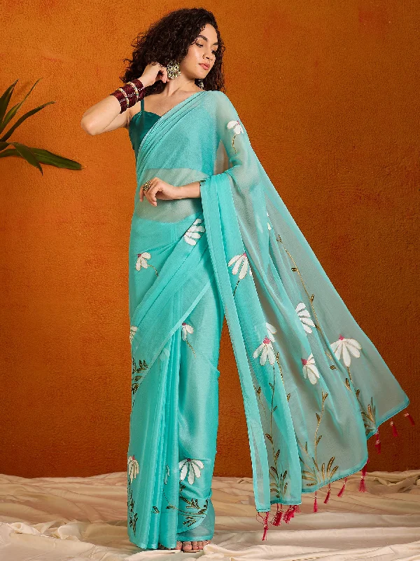 Women's Chiffon Light Blue Printed Designer Saree With Blouse Piece Collared Satin Blouse Women's Chiffon Light Blue Printed Designer Saree With Blouse Piece Collared Satin Blouse