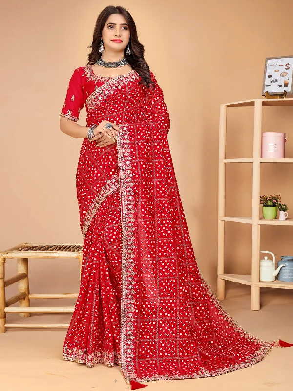Women's Vichitra Silk Red Embellished Designer Saree With Blouse Piece Soft Satin Blouse Women's Vichitra Silk Red Embellished Designer Saree With Blouse Piece Soft Satin Blouse