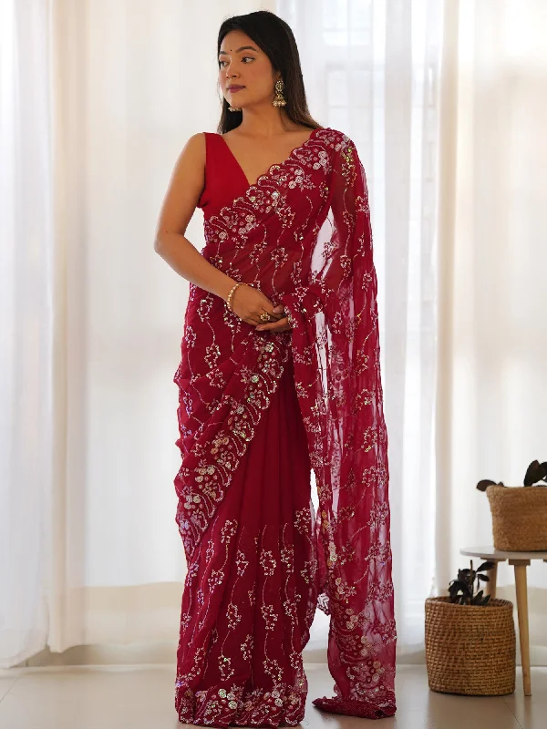 Women's Georgette Red Embellished Designer Saree With Blouse Piece Lightweight Chiffon Blouse Women's Georgette Red Embellished Designer Saree With Blouse Piece Lightweight Chiffon Blouse